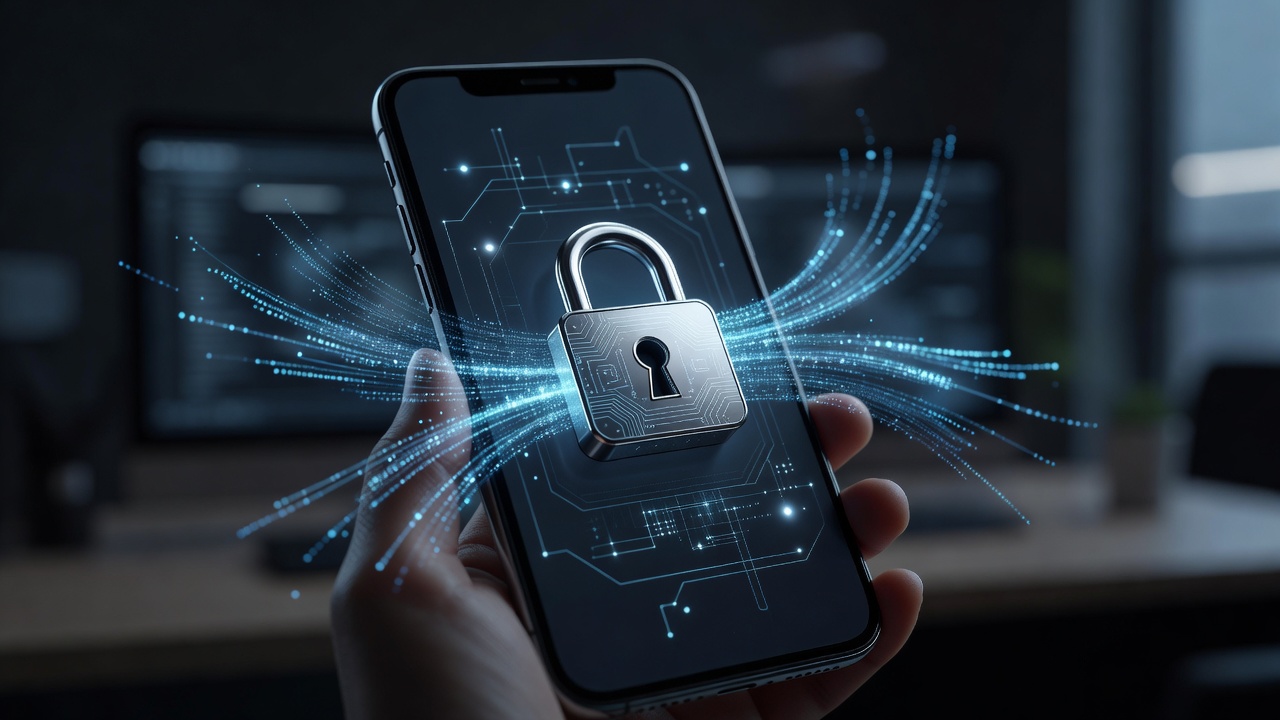 Cybersicherheit und Schutzsoftware auf dem Smartphone mit Schloss-Symbol